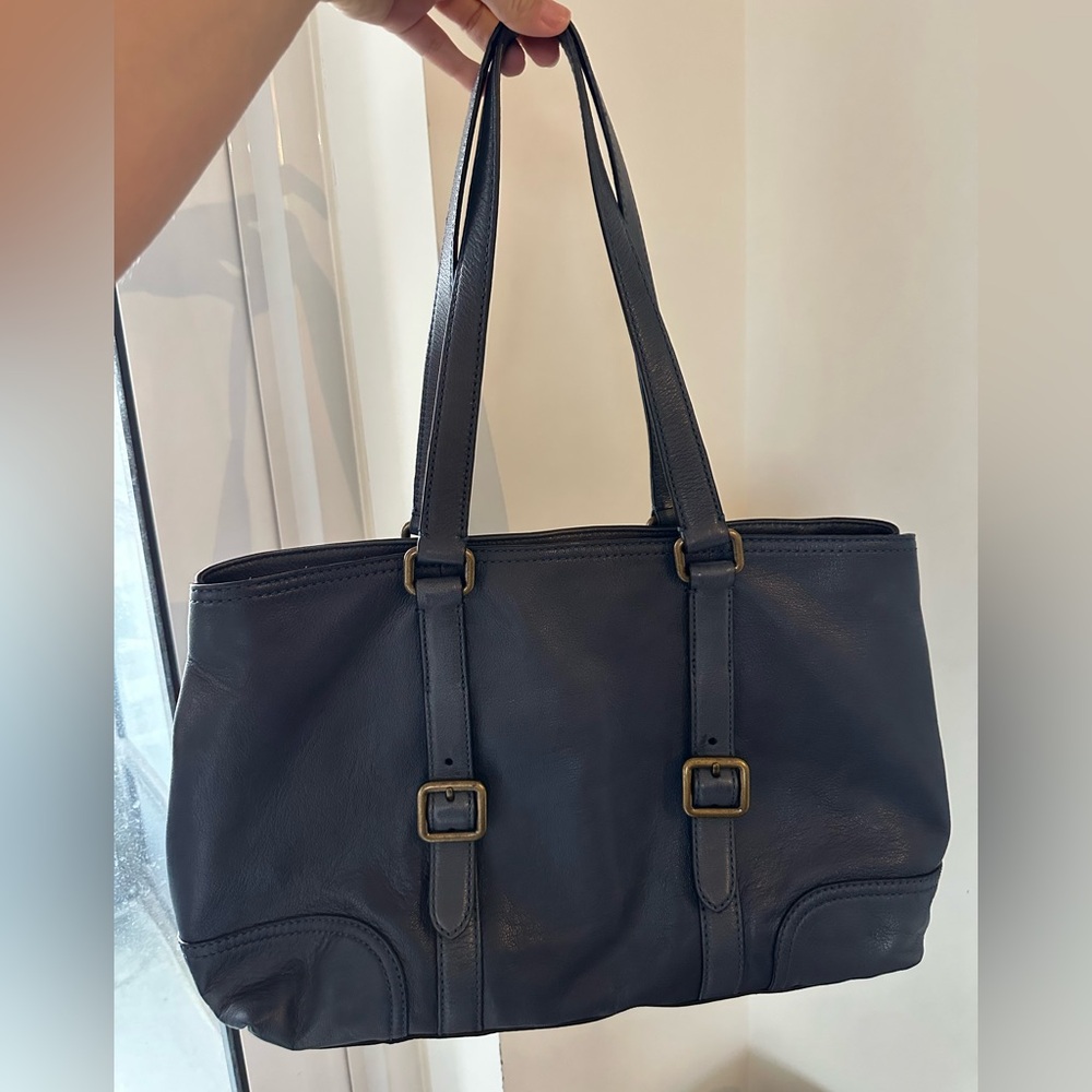 Frye Authentic Leather Blue Shoulder Tote with Brass Buckles - Picture 2 of 10